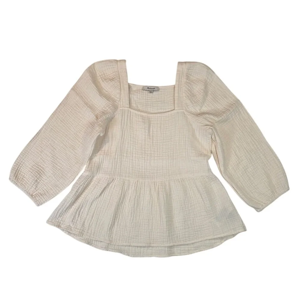 Madewell‎ XS Lightspun Millbrook Peplum Top Ivory Gauze Puff Sleeve Square Neck